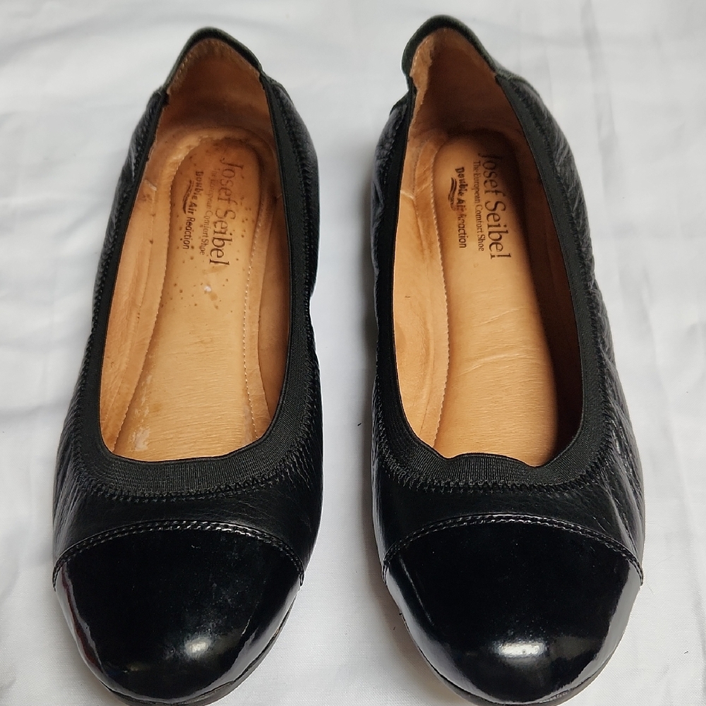 Josef Seibel Black Leather Patent Cap Toe Ballet Flats EU 39 Double Air Reaction